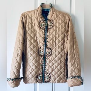Silkland Diamond quilted zip Embroidered turquoise stones & beads Sz M Beige